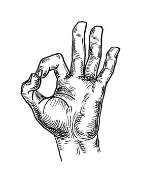 Male hand showing symbol okay. Vector black vintage engraving
