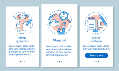 Allergy onboarding mobile app page screen with linear concepts. Allergic diseases symptoms, test, treatment walkthrough steps graphic instructions. UX, UI, GUI vector template with illustrations
