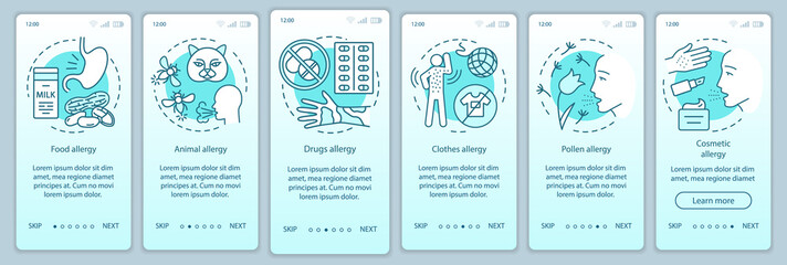 Allergy types onboarding mobile app page screen vector template. Food, animal, clothes, pollen allergies. Walkthrough website steps with linear illustrations. UX, UI, GUI smartphone interface concept