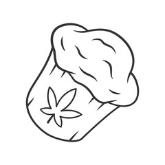 Cannabis cupcake linear icon. Weed muffin. Homemade edible kit. Pie cooking. Hemp cookies. Cannabis industry. Drug use. Thin line illustration. Contour symbol. Vector isolated drawing. Editable stroke