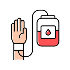 Donorship color icon. Blood donation and transfusion. Volunteer activity. World Donor Day. Medical treatment. Donor hand and blood bag. Isolated vector illustration