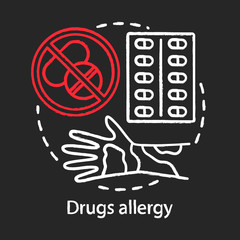 Drugs allergy chalk concept icon. Allergic reaction to medications idea. Hives, itchy skin, rash on hand. Pills use side effects. Vector isolated chalkboard illustration