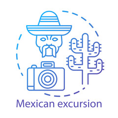 Mexican excursion concept icon. South American desert sights. Tour of Mexico. Camera, men head in sombrero, saguaro cactus idea thin line illustration. Vector isolated outline drawing. Editable stroke