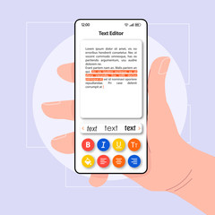 Text editor smartphone interface vector template. Mobile app page color design layout. Phrases highlighting screen. Flat UI for application. Hand holding phone with document font selection on display
