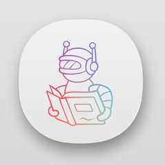 Text reading bot app icon. Screen reader application. Virtual assistant. Robot with book. Software application. UI/UX user interface. Web or mobile applications. Vector isolated illustrations