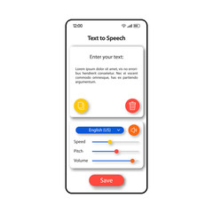 Text to speech transformer smartphone interface vector template. Mobile app page color design layout. Print to audio converter screen. Flat UI for application. Spoken phrases generator phone display