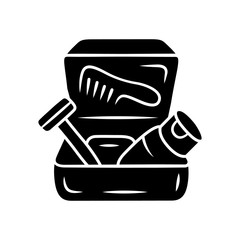 Toiletries carrying case glyph icon. Cosmetic bag, travel pouch, purse for hygiene items. Personal care products bag. Trip equipment. Silhouette symbol. Negative space. Vector isolated illustration