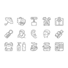 Travel accessories linear icons set. Baggage and suitcase, backpack items. Tourism, trip equipment, tourist objects. Thin line contour symbols. Isolated vector outline illustrations. Editable stroke