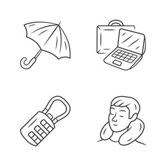 Travel accessories linear icons set. Umbrella, laptop carrying case. Suitcase combination lock, travelling pillow. Thin line contour symbols. Isolated vector outline illustrations. Editable stroke