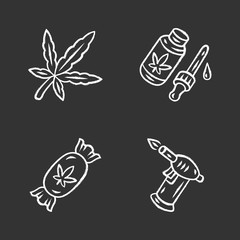 Weed products chalk icons set. Cannabis industry. Cigarette blue gas lighter. Marijuana legalization. Hemp distribution, sale. Alternative medication. Isolated vector chalkboard illustrations