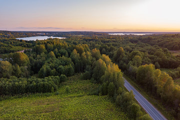 aerial view of rural landscape at sunset