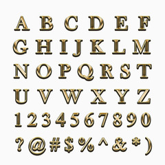 Golden alphabet, numbers, signs on a white background.