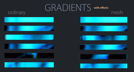 Blue gradients with effects. Set or palette. Mesh and regular gradients. Cool shades. For designers. Vector illustration. Holiday colors. Graphic resources. Blue color. 
