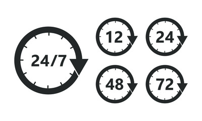 24 7 vector arrow, customer support, delivery and open icons. Vector 12, 24, 48 and 72 hours delivery service, clock arrows