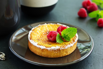 Tart with ginger creme brulee. Selective focus