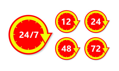 24 7 vector arrow, customer support, delivery and open icons. Vector 12, 24, 48 and 72 hours delivery service, clock arrows