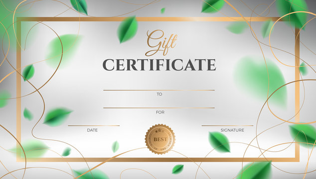 Gift certificate template design with green spring leaves and ornate decoration