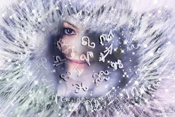 Woman and winter astrology, zodiac symbols