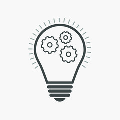 light bulb with gears inside icon. Solution symbol, lamp icon, idea. Vector illustration