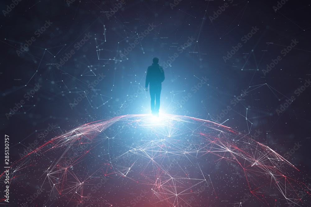 Wall mural man in artistic digital cyberspace with globe. copy space illustration background.