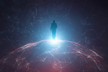 Man in artistic digital cyberspace with globe. Copy space illustration background.