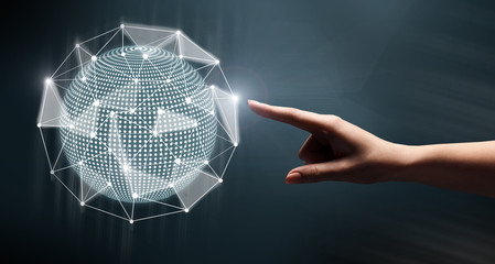 Woman touching global network on black background