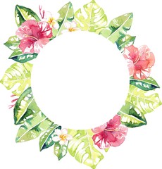 Tropical watercolor flowers  frame for your card design with clear circle space