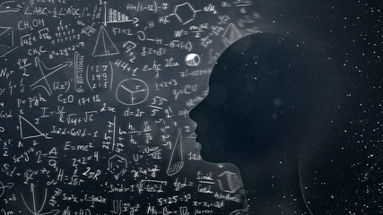 Female silhouette with physico-mathematical formulas and universe