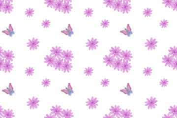 watercolor seamless pattern of butterflies and light violet fancy flowers composition, simple flower ornament
