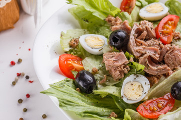 Fresh salad with iceberg lettuce,tomatoes,eggs,canned tuna and olives