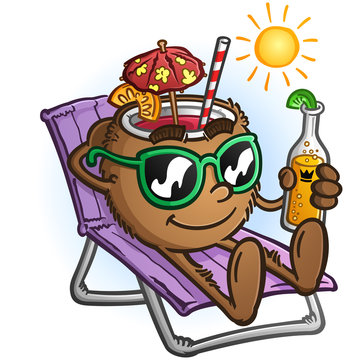A relaxed tropical coconut drink cartoon character wearing sunglasses and  drinking a beer on a sunny vacation Stock Vector | Adobe Stock