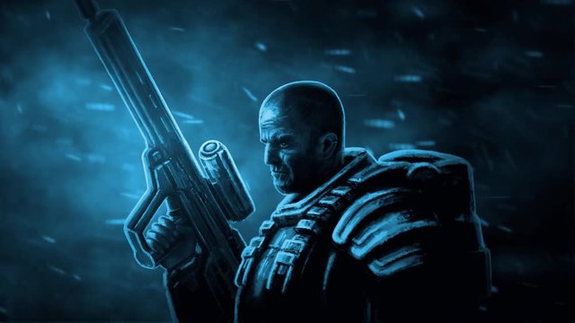 Space infantry walks with heavy rifle in blizzard. Animation in science fiction character soldier. Blue color background.
