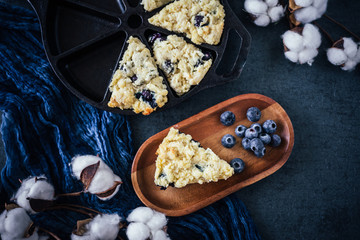 Cast iron blueberry scones, flat lay