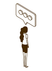 woman of back position with speech bubble on white background
