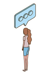 woman of back position with speech bubble on white background