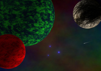 Three planets in space scene