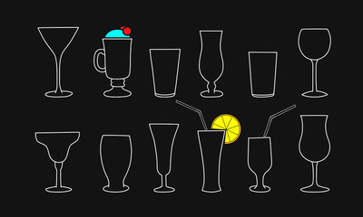 Silhouettes of cocktail, wine or champagne glasses. Cocktail straw. Vector set