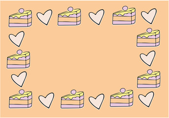 Cute cake hand drawn frame. Template for planners, check lists, invitation, notebooks, greeting cards, stickers, and other stationery. Vector background 