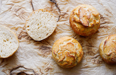 Fresh homemade buns on paper