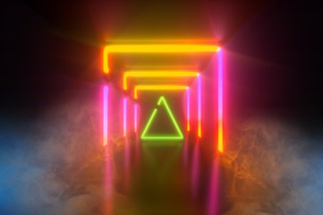  Futuristic Sci Fi Elegant Modern Neon Glowing Rectangle Frame Shaped   Lines Colored Lights In Dark Empty Grunge Concrete  Room Background 3D   Rendering