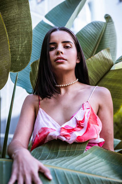 From below pretty serious stylish female with dark hair in bright clothes looking at camera surrounded by leaves of plant in nature