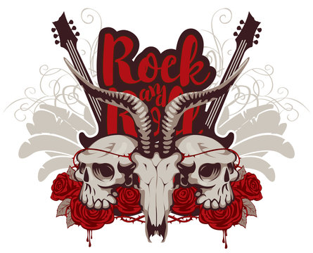 Vector music banner with skulls of a horned animal and human, electric guitar, wings, red roses, drips of blood and inscription rock and roll. Creative illustration for t-shirt design in modern style