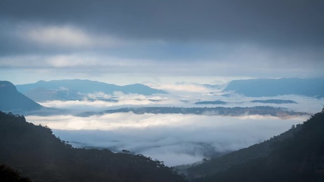Timelapse of morning fog lifting in a valley in the Blue Mountains
