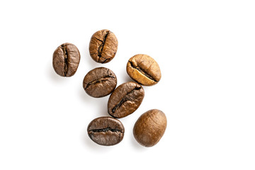 Roasted coffee beans for espresso, cappuccino on white background.