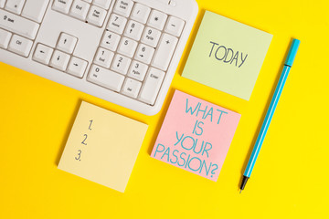 Text sign showing What Is Your Passion Question. Business photo showcasing asking about his strong and barely controllable emotion Empty papers with copy space on the yellow background table