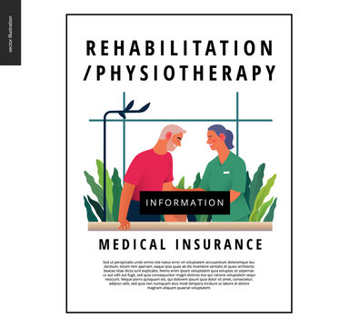 Medical insurance - rehabilitation and physiotherapy -modern flat vector concept digital illustration -physiotherapist helps patient walking using training parallel bars, medical office, laboratory
