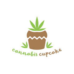 Fototapeta na wymiar Cupcake with cannabis; Simple vector logo; Minimal design and marijuana leaves; Isolated stencil on white background.