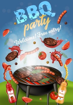 Bbq Party Banner, Grilling Machine With Meat.