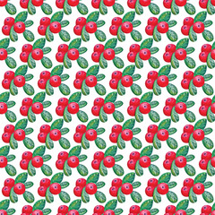 Cranberries with leaves seamless watercolor pattern handmade. Hand drawing Botanical forest berries seamless background . Watercolor illustration. Use for textile printing, wrapping paper,