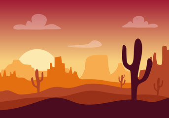 Obraz premium Desert sunset silhouette landscape. Arizona or Mexico western cartoon background with wild cactus, canyon mountain